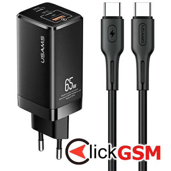 Usams - Wall Charger Kit (MTXLOGTC01) - 2xUSB-C GaN 65W, USB-A QC3.0 (T33) with Cable Type-C to Type-C, PD 100W (U43) - Black