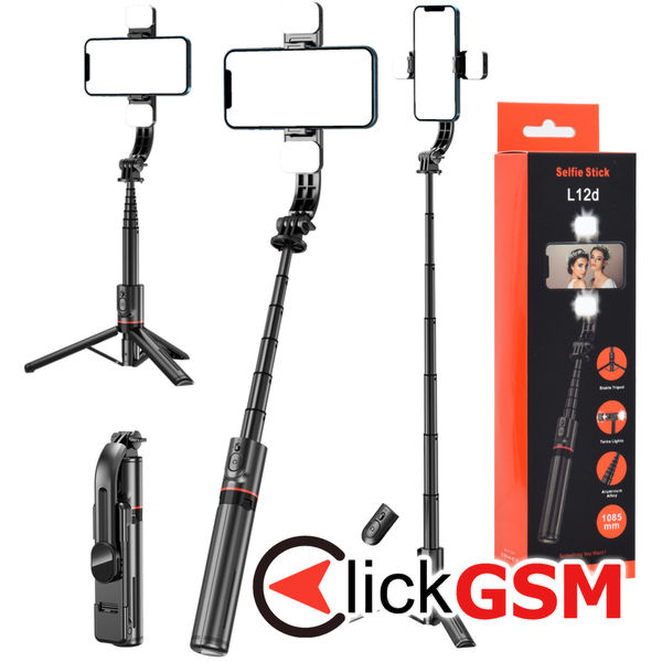 Techsuit - Selfie Stick (L12D) - Stable Tripod with Bluetooth Remote Control, 2x Detachable LED Light, 108cm - Black