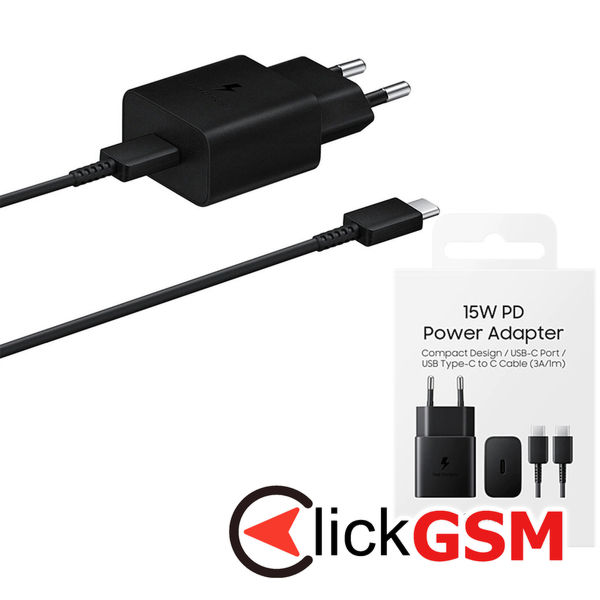 Samsung - Original Wall Charger (EP-T1510XBEGEU) - Type-C Fast Charging 15W with Cable Type-C - Black (Blister Packing)