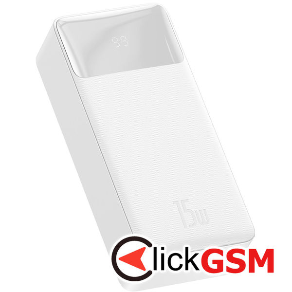 Baseus - Power Bank Bipow (PPBD050202) - Digital Display 2xUSB, USB-C, Micro-USB 30000mAh 15W + Cable Micro-USB 0.25m - White