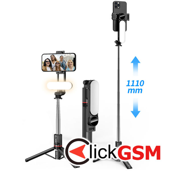 Techsuit - Selfie Stick (L15) - Portable Stable Tripod, Detachable LED Light with Wireless Remote Control, 114cm - Black