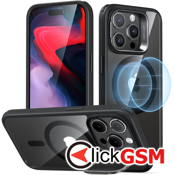 ESR - Classic Hybrid HaloLock Kickstand - iPhone 15 Pro - Clear Black