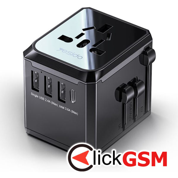 Yesido - Wall Charger (MC10) - 3x USB, Type-C, for Travel, EU, UK, US, AUS, 3.6A - Black