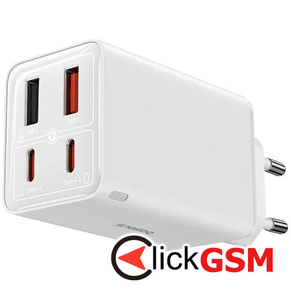 Baseus - Wall Charger GaN (P10162701213-00) - 2x USB, 2x Type-C, 65W, with Cable Type-C to Type-C - White