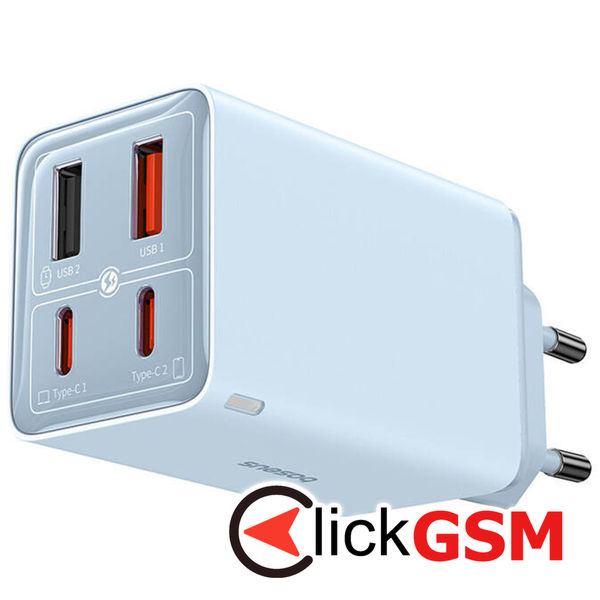 Baseus - Wall Charger GaN (P10162701313-00) - 2x USB, 2x Type-C, 65W, with Cable Type-C to Type-C - Blue