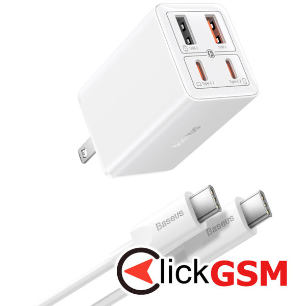 Baseus - [US Plug] Wall Charger GaN6 Pro (P10162702213-00) - 2x USB, 2x Type-C, 65W, Cable Type-C, 100W, 20V, 5A, 1m - White