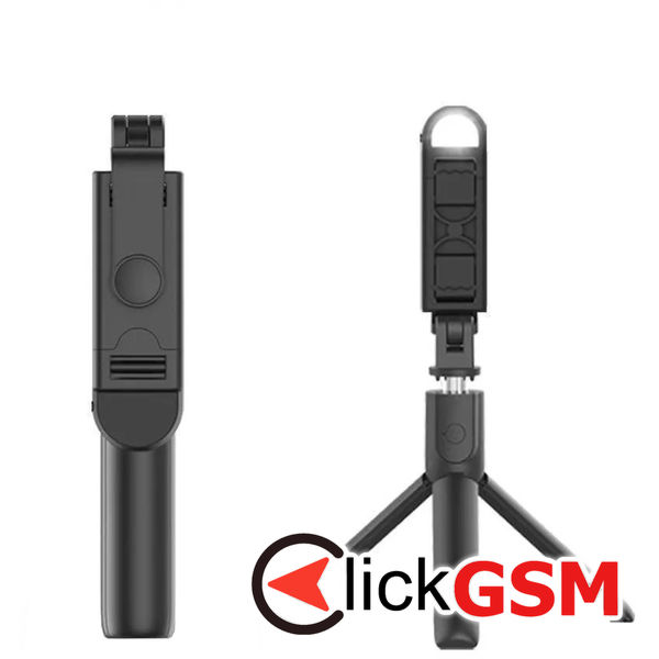 Techsuit - Mini Selfie Stick (S05-S) - Compact Tripod Mount with Bluetooth Remote Control, LED Light, Foldable, 105cm - Black