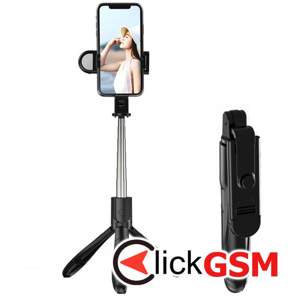 Techsuit - Selfie Stick (S01-S) - Compact Tripod Mount with Bluetooth Remote Control, LED Fill Light, Foldable, 70cm - Black