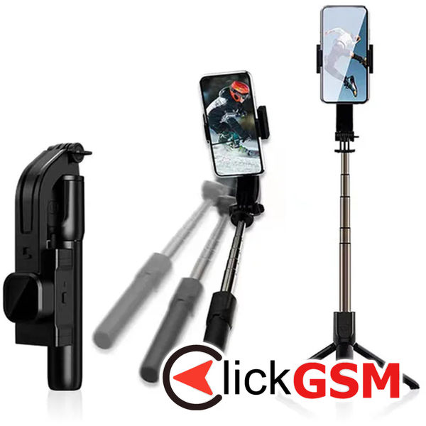 Techsuit - Selfie Stick Gimbal (C06) - Compact Tripod Mount with Bluetooth Remote Control, LED Fill Light, 360, 76cm - Black