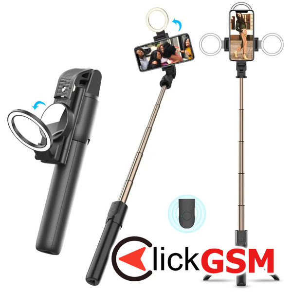 Techsuit - Selfie Stick (K13) - Compact Tripod Mount with Bluetooth Remote Control, LED Beauty Light, Foldable, 84cm - Black