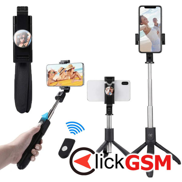 Techsuit - Selfie Stick (K06) - Stable Tripod with Bluetooth Remote Control, Foldable, 360 Rotation, 70cm - Black