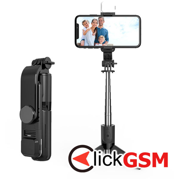 Techsuit - Mini Selfie Stick (L11s) - Stable Tripod with Bluetooth Remote Control and LED Light, 75cm - Black
