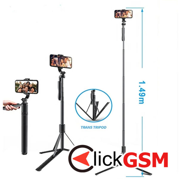 Techsuit - Selfie Stick (L05) - Stable Tripod with Bluetooth Remote Control, 360 Rotation, 149cm - Black