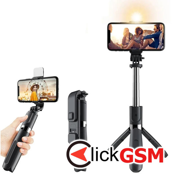 Techsuit - Selfie Stick (L02s) - Stable Tripod with Bluetooth Remote Control and Fill Light, Stainless Steel, 104cm - Black