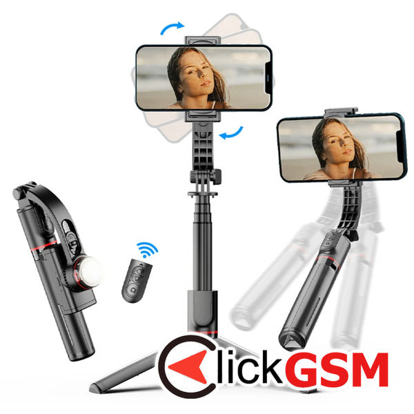 Techsuit - Selfie Stick (L19s) - Stable Gimbal/Tripod with Bluetooth Remote Control, Fill Light, 360 Rotation, 70cm - Black