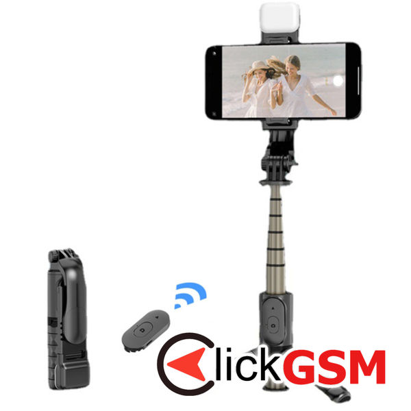 Techsuit - Mini Selfie Stick (Q10s) - Stable Tripod with Bluetooth Remote Control, Fill Light, 360 Rotation, 70cm - Black