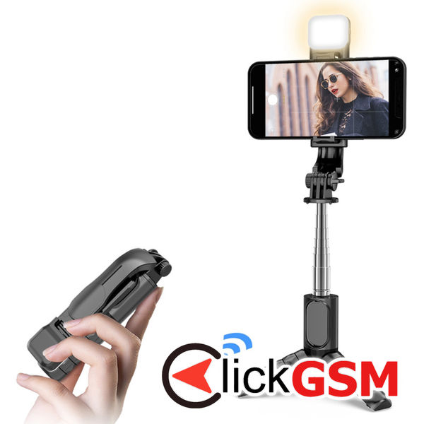 Techsuit - Mini Selfie Stick (Q11s) - Stable Tripod with Bluetooth Remote Control and Fill Light, 360 Rotation, 76cm - Black