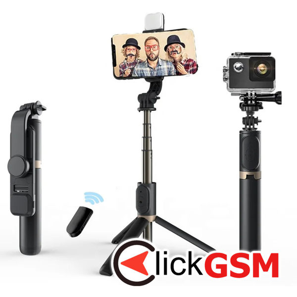 Techsuit - Selfie Stick (Q03s) - Stable Tripod with Bluetooth Remote Control and Fill Light, Aluminium Alloy, 76cm - Black