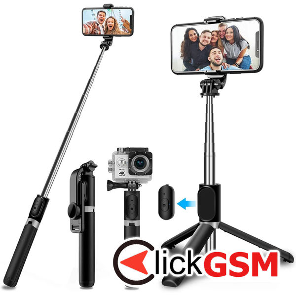 Techsuit - Selfie Stick (Q02) - Foldable Tripod with Bluetooth Remote Control, 360 Rotation, Stainless Steel, 103cm - Black