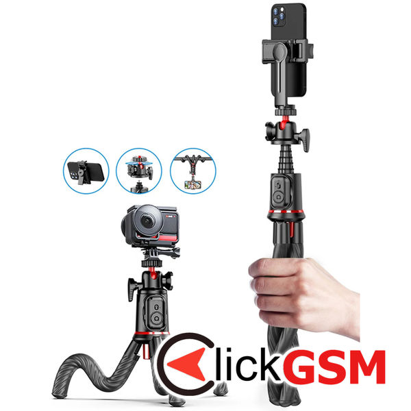 Techsuit - Selfie Stick (C03) - with Flexible Telescopic Pole Tripod, Remote Control, 360 Ball Head, 64cm - Black