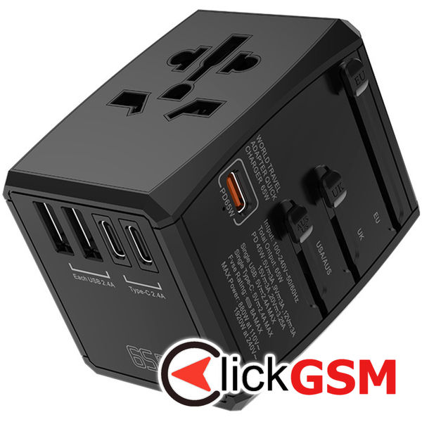 Techsuit - Travel Adapter (HHT906) - PD65W, 2 x USB, 3 x Type-C, EU, UK, AUS, US - Black