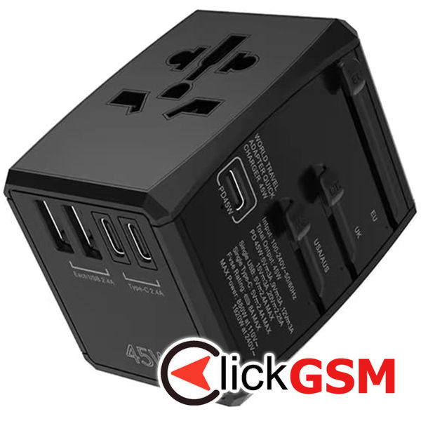 Techsuit - Travel Adapter (HHT905) - PD45W, 2 x USB, 3 x Type-C, EU, UK, AUS, US - Black