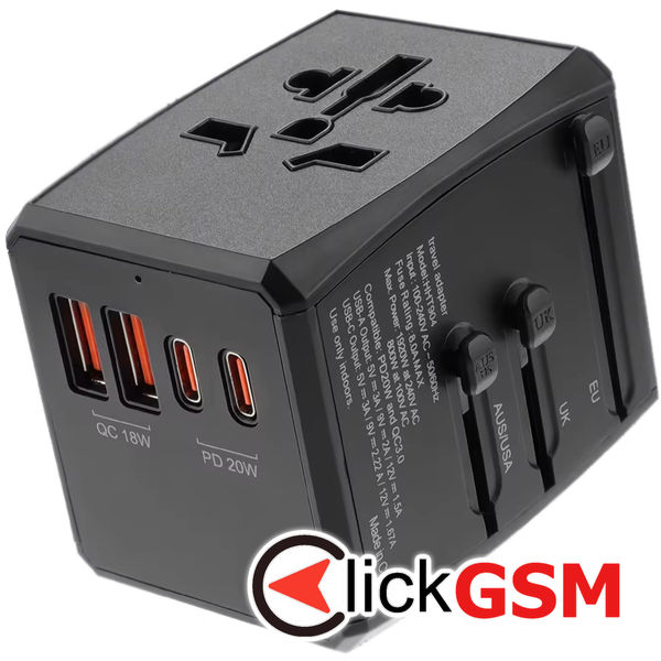 Techsuit - Travel Adapter (HHT904) - PD20W, 2 x USB, 2 xType-C, EU, UK, AUS, US - Black
