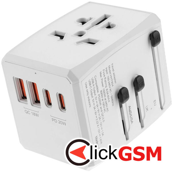 Techsuit - Travel Adapter (HHT904) - PD20W, 2 x USB, 2 xType-C, EU, UK, AUS, US - White
