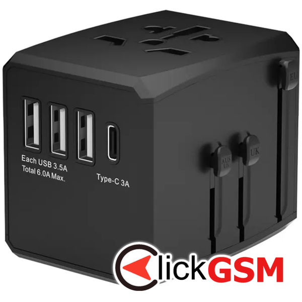 Techsuit - Travel Adapter (HHT904) - PD30W, 3 x USB, Type-C, EU, UK, AUS, US - Black