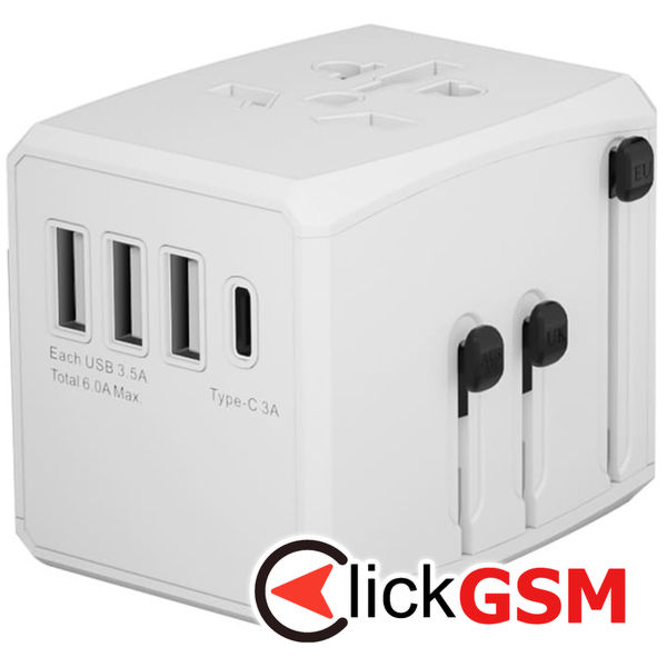 Techsuit - Travel Adapter (HHT904) - PD30W, 3 x USB, Type-C, EU, UK, AUS, US - White
