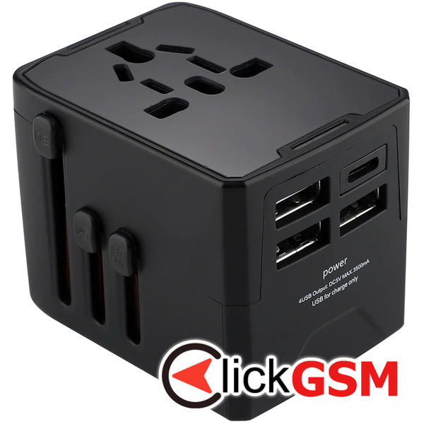Techsuit - Travel Adapter (HHT520) - 3 x USB, Type-C, EU, UK, AUS, US - Black