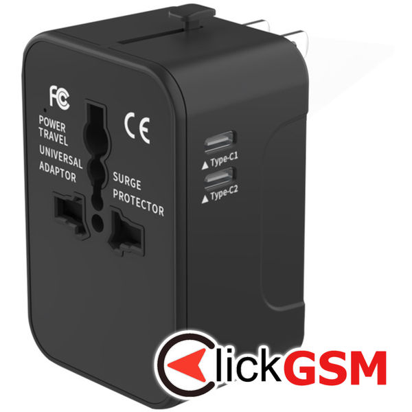 Techsuit - Travel Adapter (HHT202-2C) - 2 x USB-C, EU, UK, AUS, US - Black