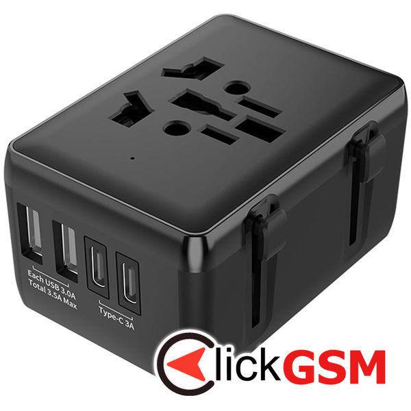 Techsuit - Travel Adapter (HHt204A) - 15W, 2xUSB-C, 2xUSB, EU, UK, AUS, US - Black