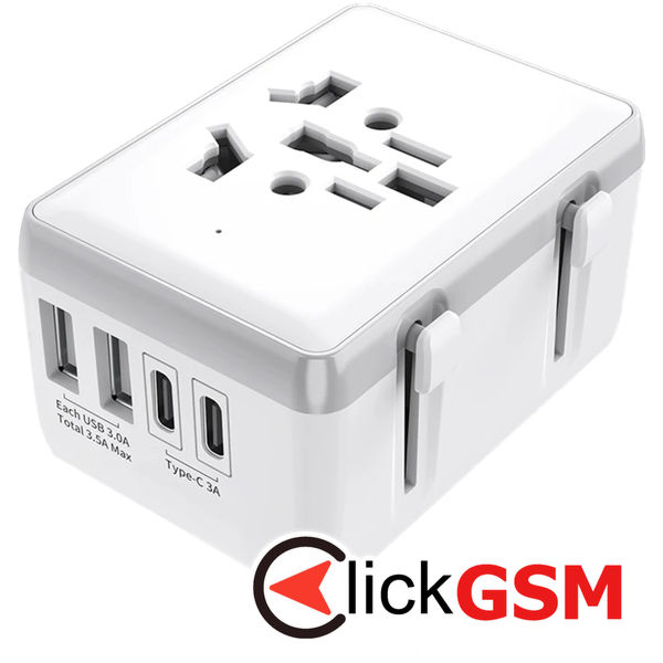 Techsuit - Travel Adapter (HHt204A) - 15W, 2xUSB-C, 2xUSB, EU to UK, AUS, US - White