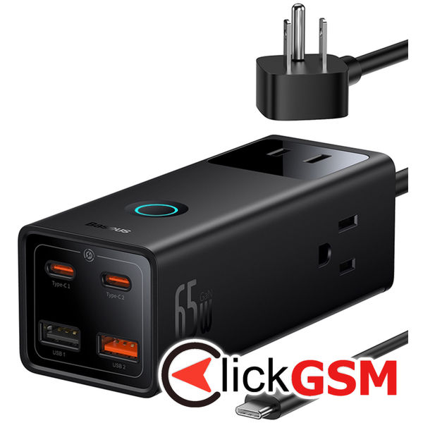 Baseus - Wall Charger PowerCombo Digital PowerStrip (PSLA020101) - 3xAC, 2xUSB, 2xType-C, 65W with Cable Type-C 100W - Black