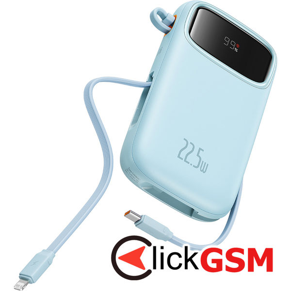 Baseus - Power Bank Qpow Pro+ (P10055003313-00) - Lightning, 2x Type-C, USB, 22.5W, 10000mAh, Cable Type-C, 30cm - Blue