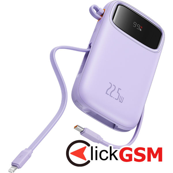 Baseus - Power Bank Qpow Pro+ (P10055002513-00) - Lightning, 2x Type-C, USB, 22.5W, 20000mAh, Cable Type-C, 30cm - Purple