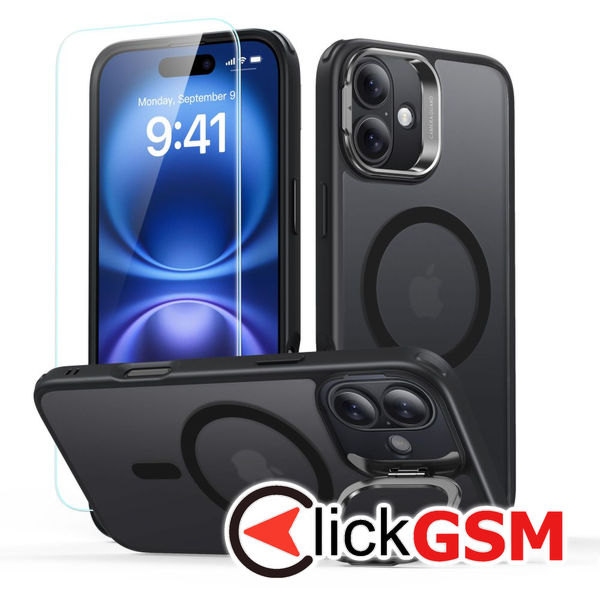 ESR - Classic Hybrid HaloLock Kickstand + Tempered Glass - iPhone 16 - Frosted Black
