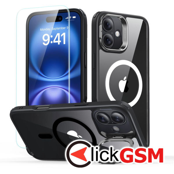 ESR - Classic Hybrid HaloLock Kickstand + Tempered Glass - iPhone 16 Plus - Clear Black