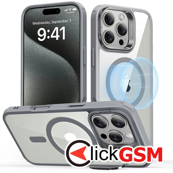 ESR - Classic Hybrid HaloLock Kickstand - iPhone 16 Pro - Grey Clear