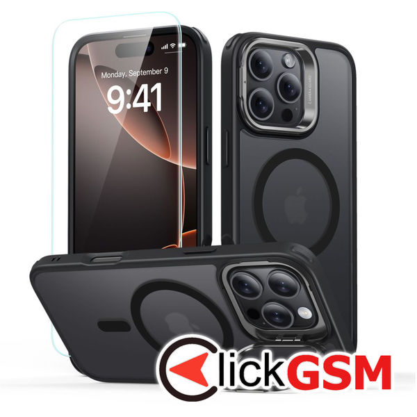 ESR - Classic Hybrid HaloLock Kickstand + Tempered Glass - iPhone 16 Pro Max - Frosted Black