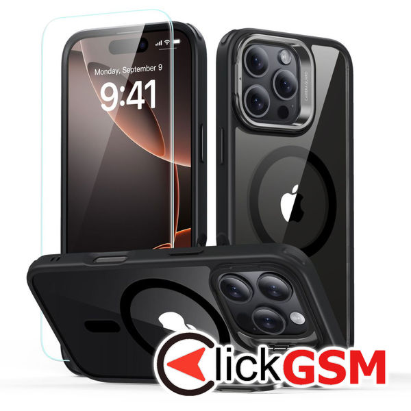 ESR - Classic Hybrid HaloLock Kickstand + Tempered Glass - iPhone 16 Pro Max - Clear Black