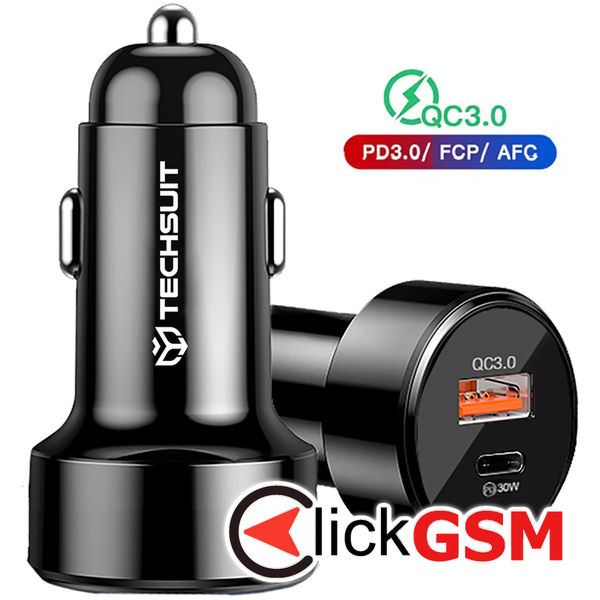 Techsuit - Car Charger Premium (TE-P31) - USB QC3.0 18W, Type-C PD30W, Total 48W, LED Light - Black