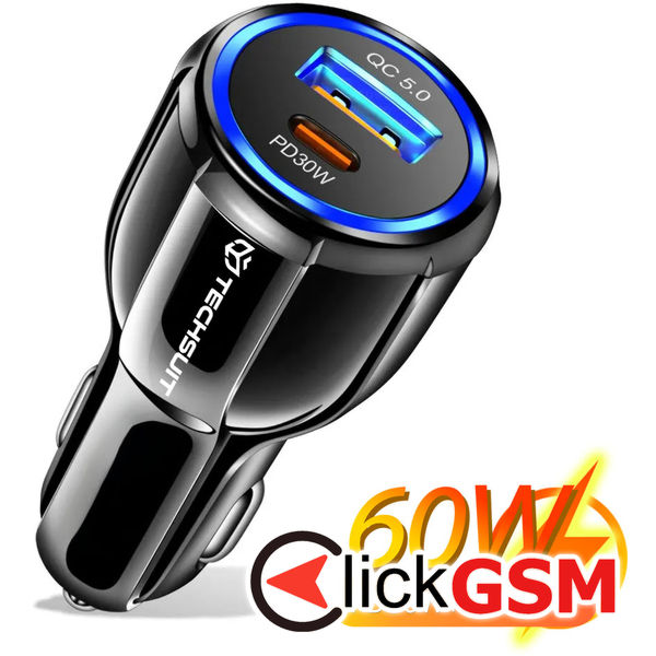 Techsuit - Car Charger Premium (TE-022) - USB-A QC5.0 30W, USB-C PD30W, Total 60W, LED Light - Black