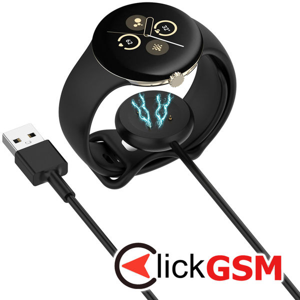 Techsuit - SmartWatch Wireless Charging Cable (THC5) - for Google Pixel Watch 3 (41mm, 45mm) / 2 / Fitbit Ace LTE, USB - Black