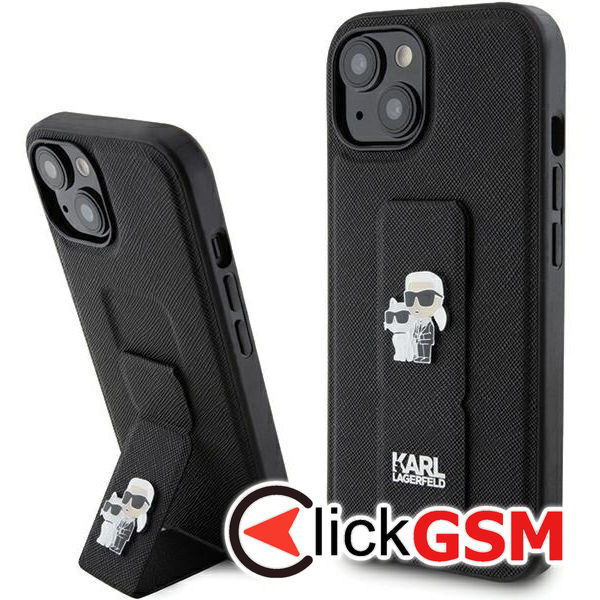 Karl Lagerfeld - Saffiano Gripstand (KLHCP15MGSAKCPK) - iPhone 15 Plus - Karl&Choupette Pins