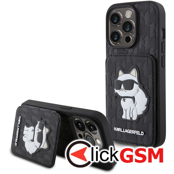 Karl Lagerfeld - Saffiano Cardslots and Stand (KLHCP15LSAKCNSCK) - iPhone 15 Pro - Monogram Choupette