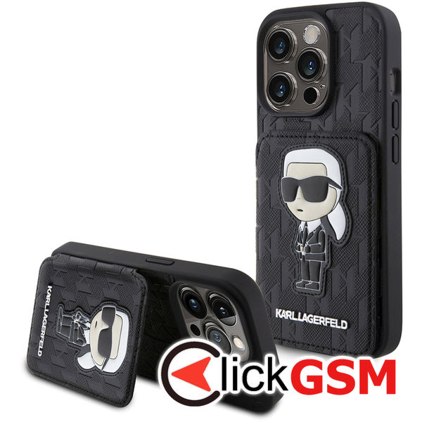 Karl Lagerfeld - Saffiano Cardslots and Stand (KLHCP15LSAKKNSCK) - iPhone 15 Pro - Monogram Ikonik