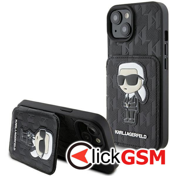 Karl Lagerfeld - Saffiano Cardslots and Stand (KLHCP15SSAKKNSCK) - iPhone 15 - Monogram Ikonik