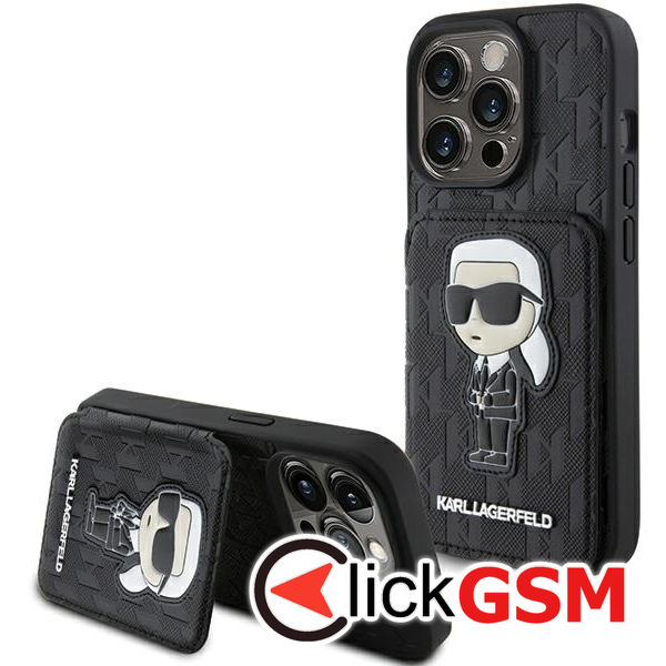 Karl Lagerfeld - Saffiano Cardslots and Stand (KLHCP15XSAKKNSCK) - iPhone 15 Pro Max - Monogram Ikonik